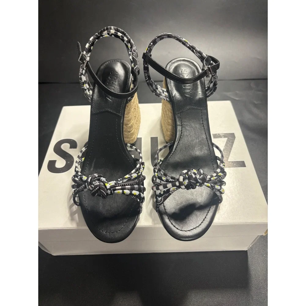Schutz Dahira Black Gingham Daisy Print Espadrille Block Heel Sandals 8.5B
